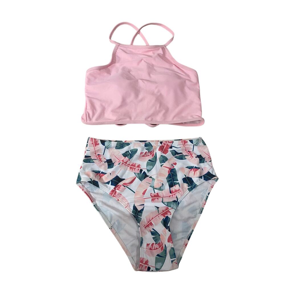 Romwe Bikini 2 pc Pink Green High Rise Size Medium Leaf Pattern